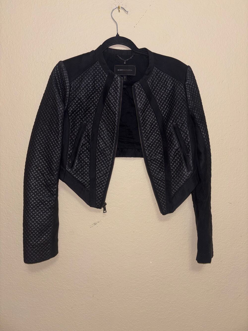 BCBGMAXAZRIA cropped quilted faux leather moto jacket